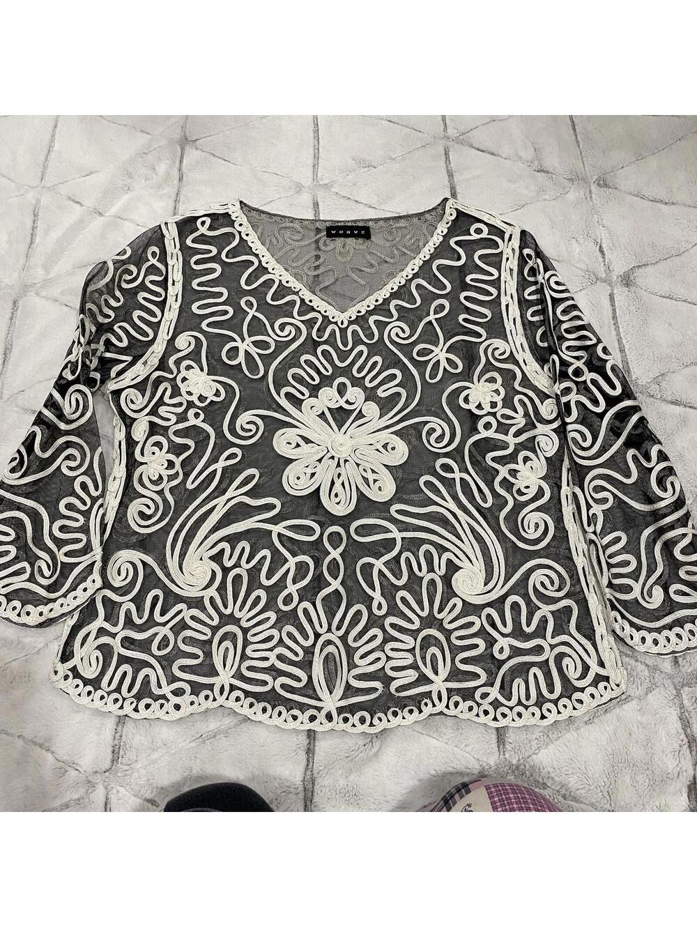 Weavz Embroidered Sheer Mesh Blouse Women Size M Black White Cotton